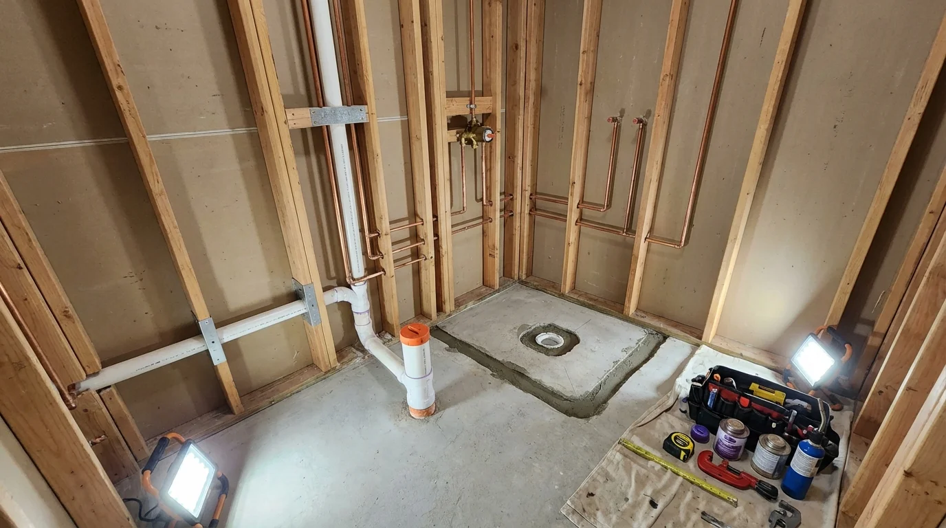 Bathroom rough-in plumbing during remodel by Johns Plumbing LLC in Marlette