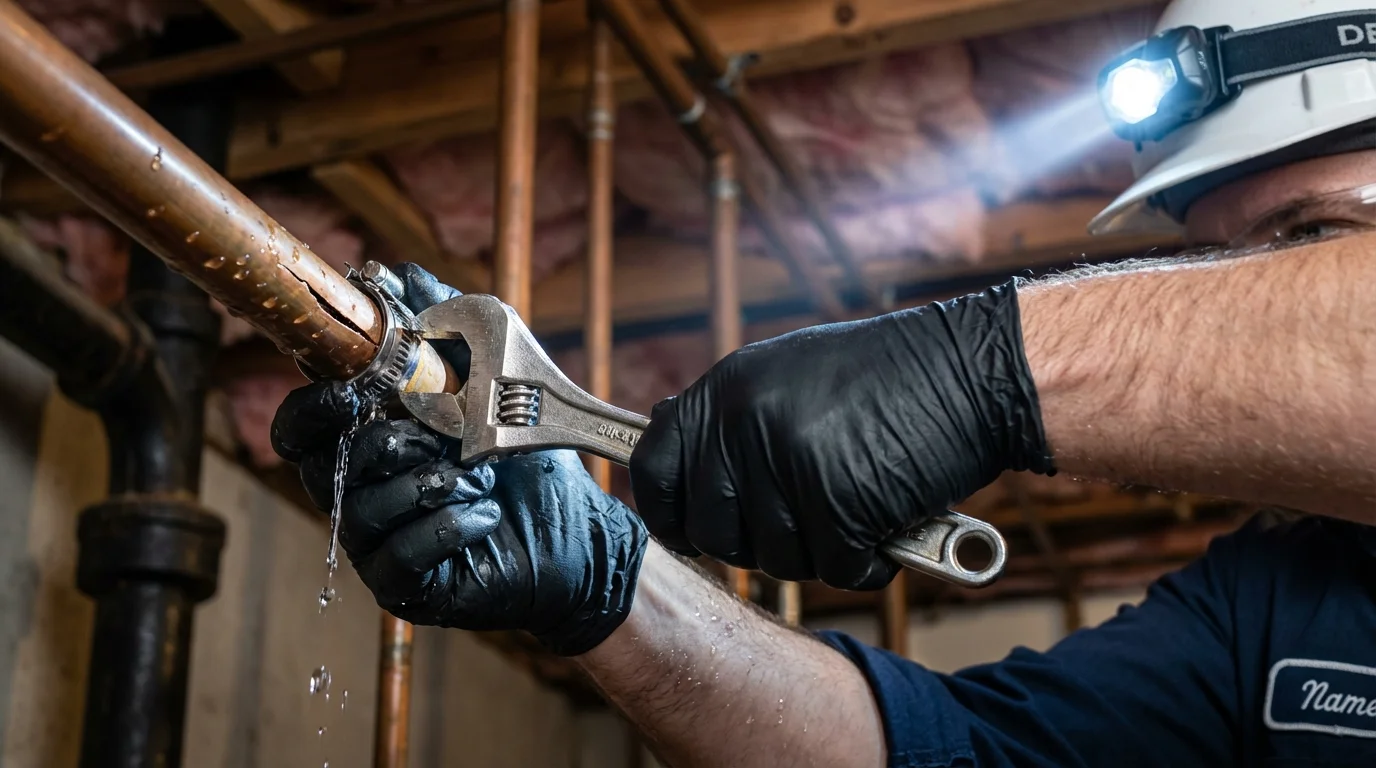 Emergency pipe clamp repair being performed by a Johns Plumbing LLC plumber in Marlette