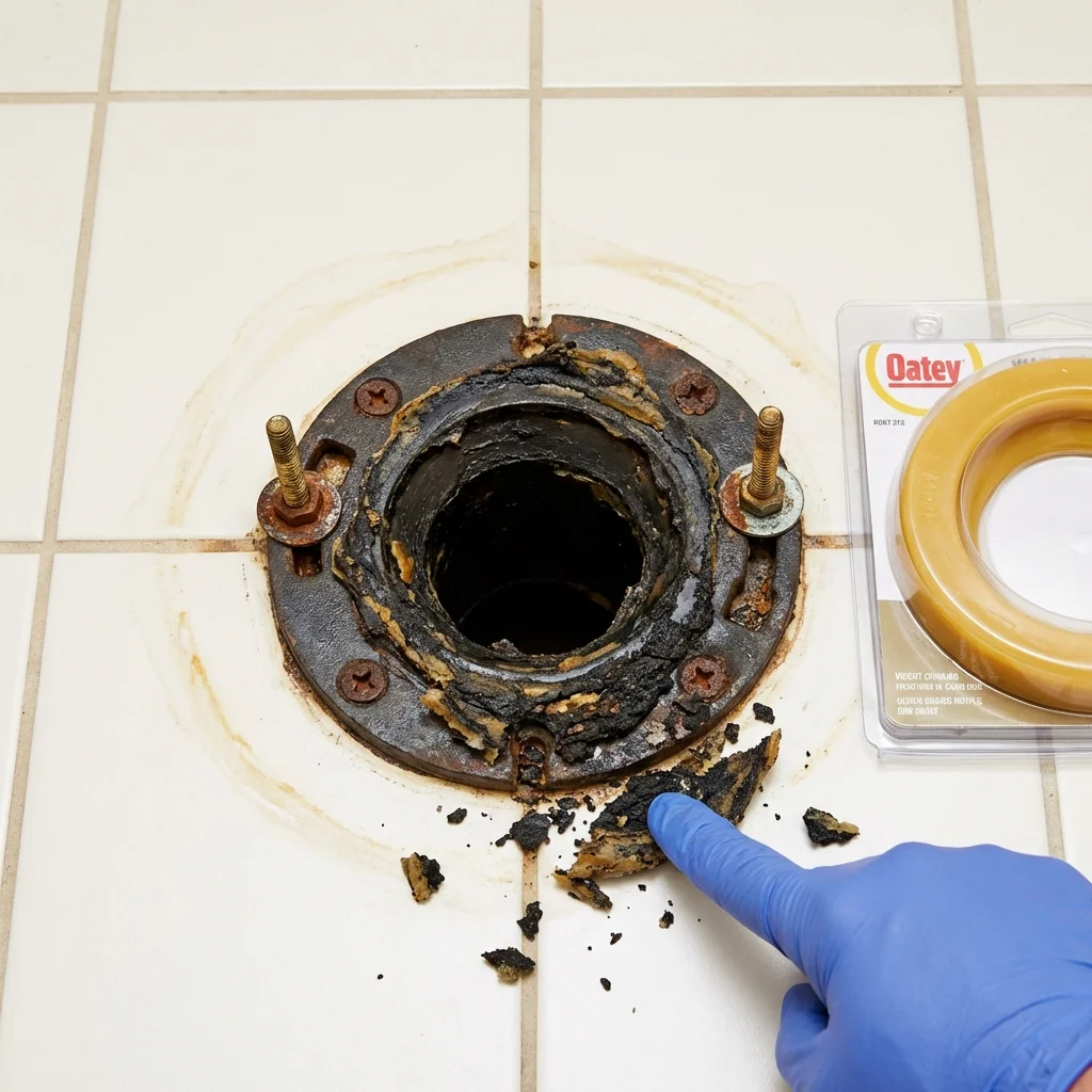 Failed wax ring showing water seepage at the base of a toilet in a Marlette, MI home