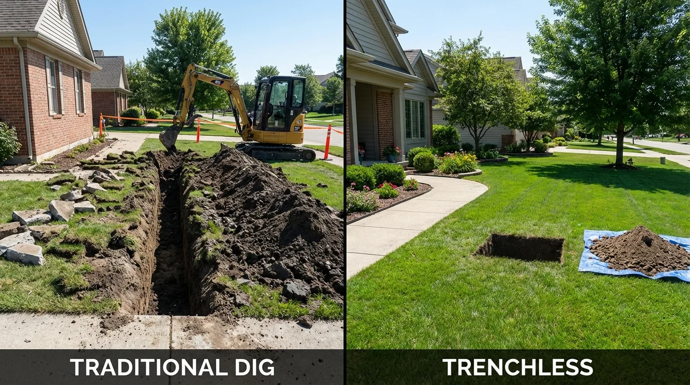 Trenchless sewer repair with minimal yard damage versus traditional excavation in Marlette, MI