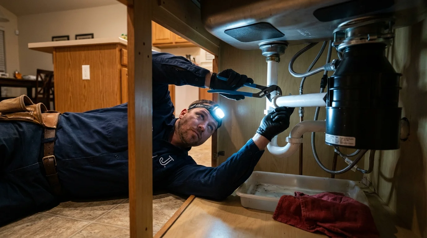 P-trap and supply line connections under a kitchen sink showing a common leak point in Marlette, MI